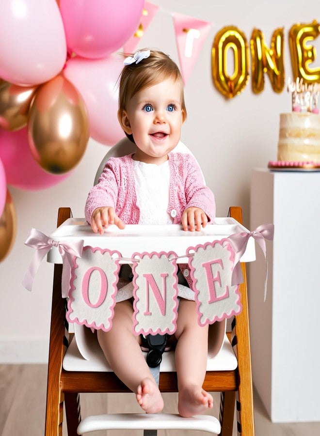 Moonlik One High Chair Banner Girls - Pink Bow 1st Birthday Banner Girl Fairy First Birthday Party Decorations Non-Toxic Fabric with Double Satin Bows - Image 3